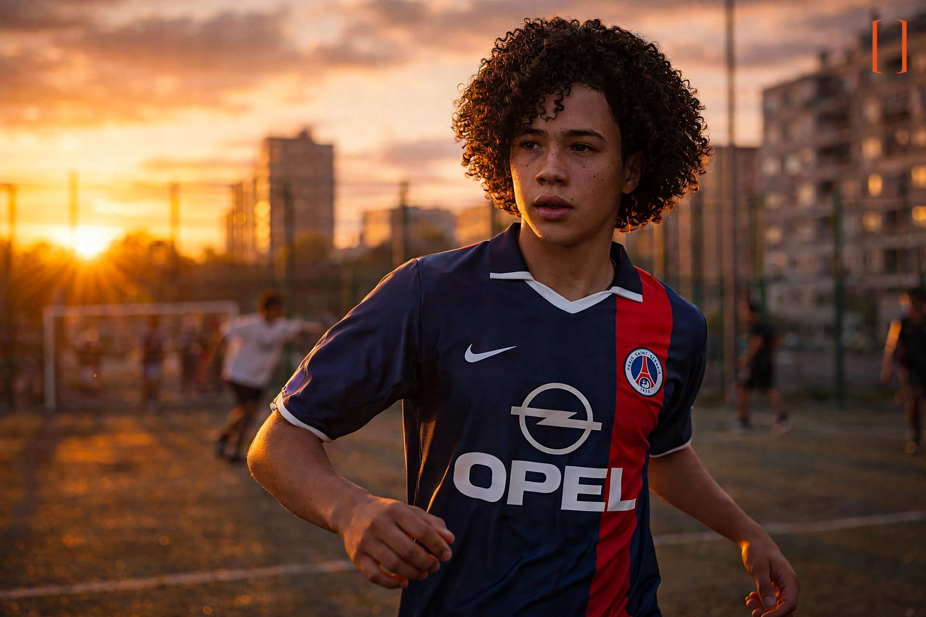 Brahim sur un terrain de football au coucher du soleil