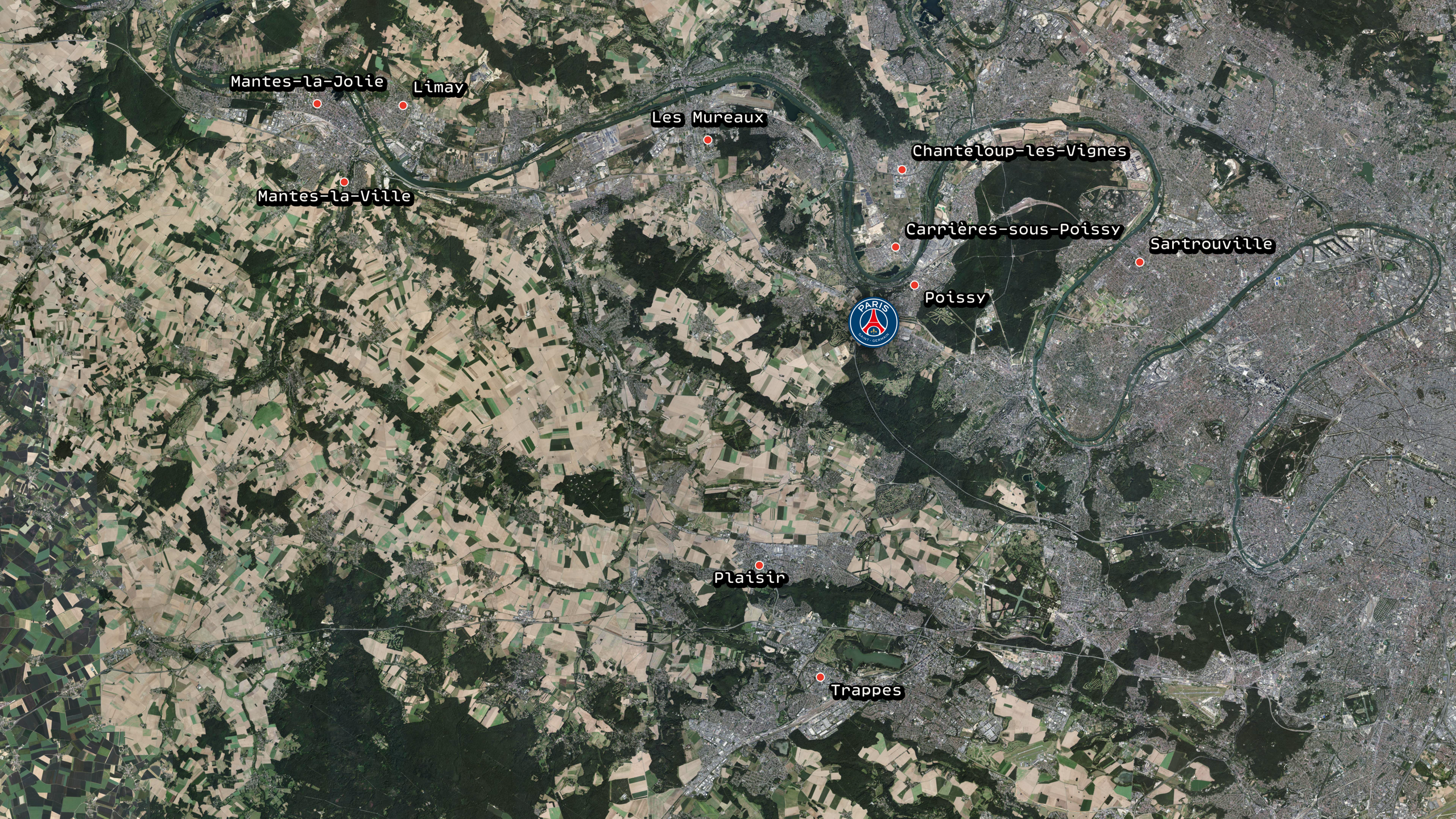 Carte des Yvelines autour du Campus PSG